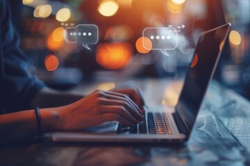 Wall Mural - Person typing on their laptop with two speech bubbles above the keyboard indicating an online conversation.