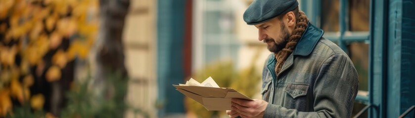 A man reads a letter outside, surrounded by autumn leaves and a charming, vintage building, evoking warmth and nostalgia.