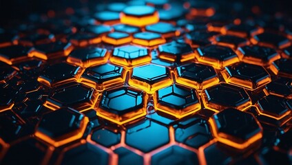 Canvas Print - Glossy abstract texture with glowing hexagons, futuristic technology wallpaper