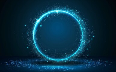 Wall Mural - On a dark transparent background, a blue flare circle with glowing light effect is surrounded by neon lighting, abstract magic swirls, a round portal with glitter particles and sparkling stars.