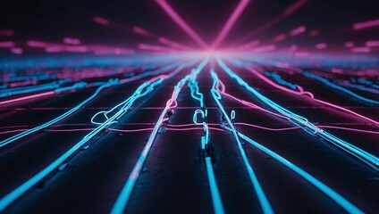 Canvas Print - Glowing neon lines - pink, blue, bokeh lights, abstract digital wallpaper, high contrast