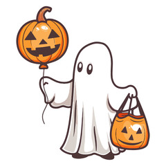 Halloween ghost holding pumpkin shaped balloon isolated on white background