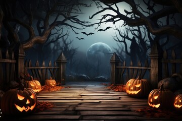 Wall Mural - Halloween background pumpkin wood moon.