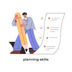 Wall Mural - Effective planning and time management concept. Employee with ability to self organization, soft skills. Office worker completing task list with pencil. Flat isolated vector illustration on white