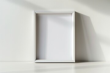 Poster - A minimalist white square picture frame castes a shadow as it is displayed on a white wall, creating an elegantly simple aesthetic perfect for modern decor.