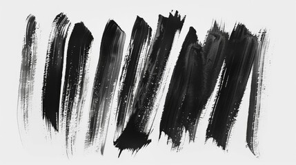 Fototapete - An artistic representation of various black brush strokes on a white background, highlighting different textures and styles, perfect for abstract or evocative art presentations.