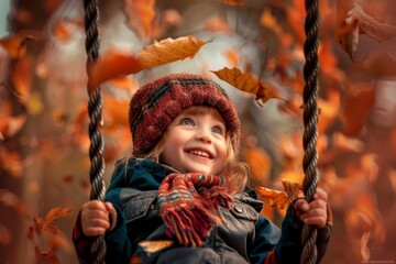 A kid with a bright smile on a swing amidst colorful autumn leaves, capturing the joyous and playful spirit of fall, with a warm scarf and hat enhancing the cozy atmosphere.