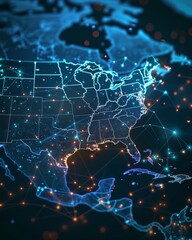 Wall Mural - Futuristic technology USA map with glowing lights, global communication and connection concept.