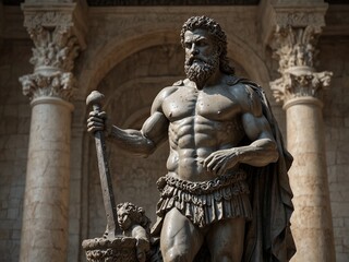 Wall Mural - Statue of Heracles, holding a giant club, with scenes of the Twelve Labors in the background.