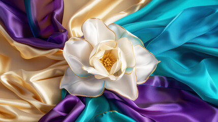 white magnolia flower on top of three silk fabrics in different colors, purple teal and gold, satin texture, luxurious feel, high resolution, intricate details, vibrant colors, elegant composition