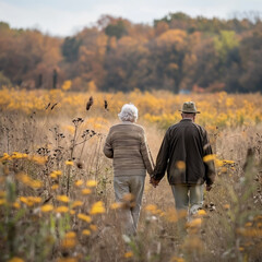 Wall Mural - Elderly couple walking in nature