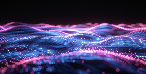 Wall Mural - abstract background with blue and pink glowing lines on a dark black background.