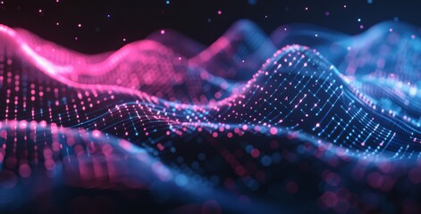 Wall Mural - abstract background with blue and pink glowing lines on a dark black background.
