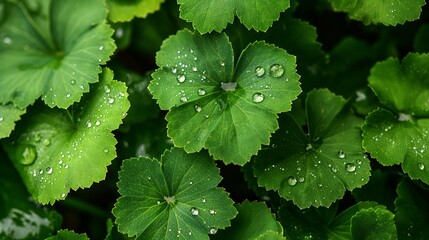 Wall Mural - A group of green leaves with droplets of water on them. Green background