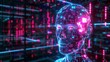 © Esmeralda - 3D render of an AI humanoid head with digital circuitry and code background, representing artificial intelligence technology. The holographic human figure is illuminated in neon blue and pink colors
