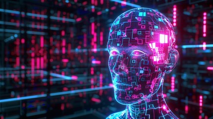 Wall Mural - 3D render of an AI humanoid head with digital circuitry and code background, representing artificial intelligence technology. The holographic human figure is illuminated in neon blue and pink colors