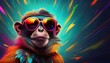 © Pastel - Funky Monkey in the Neon Jungle: A charismatic monkey sporting vibrant sunglasses against a backdrop of electrifying colors.