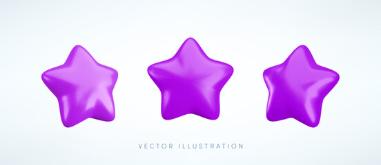 Wall Mural - vector 3d purple star icons set. cute realistic cartoon 3d render, glossy metallic star front and si