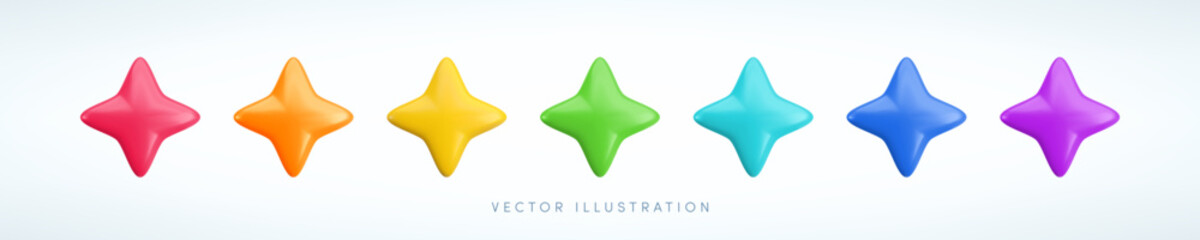 Wall Mural - vector cartoon 3d colorful sparkle star set. cute realistic 3d render, glossy metallic red, yellow, 