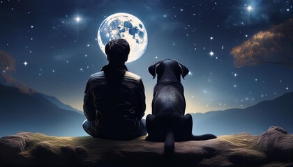 under the starlit sky: a silhouette of a person and their loyal canine companion sits together under