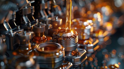 Wall Mural - A 3D rendering of a gear with oil pouring on it, showing golden liquid inside the gears A factory view of a modern engine in production