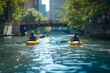 © vanilnilnilla - Kayakers on the Blurred Chicago Riverscape with Cityscape Backdrop