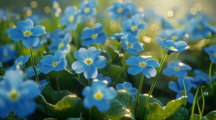 Canvas Print - A Field of Delicate Blue Flowers in the Sunlight