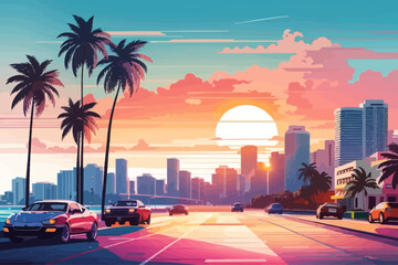 Wall Mural - at sunset illustration of the beach in Miami