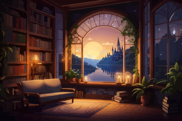 Wall Mural - fantasy illustration of a warm cozy medieval