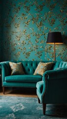 Wall Mural - Green living room turquoise sofa, chair, table, and leaves wallpaper