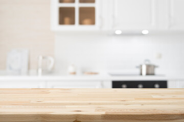 Wall Mural - wooden table top on white and bright modern kitchen interior background