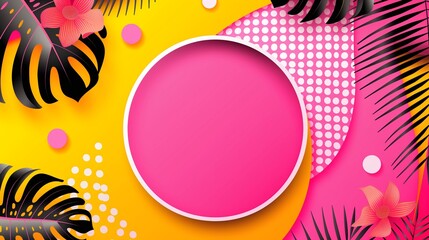 Wall Mural - a yellow background with pink flowers and a white circle in the middle. the circle is pink and has a
