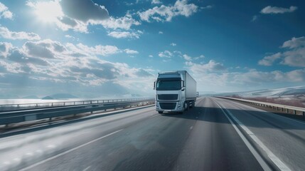Poster - A white semi-truck drives down a highway on a sunny day, with a clear blue sky and white clouds in the background. Generative AI