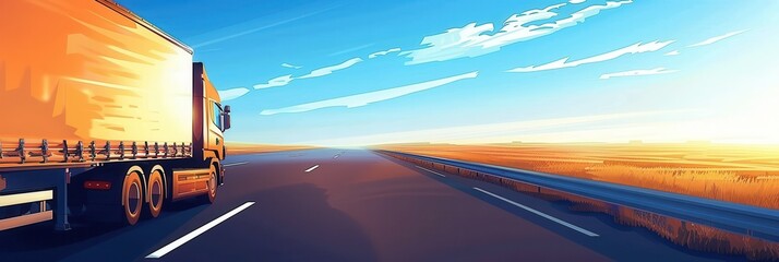 Poster - A large semi-truck drives on a paved highway with a guardrail on the right side, heading towards the open horizon under a clear blue sky with white clouds. Generative AI