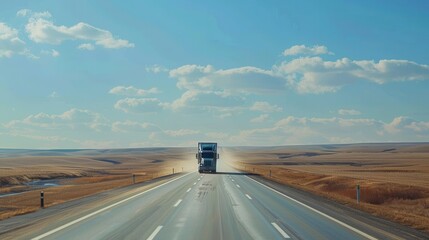 Poster - A semi-truck drives down a straight highway with a wide open horizon and a clear blue sky. Generative AI