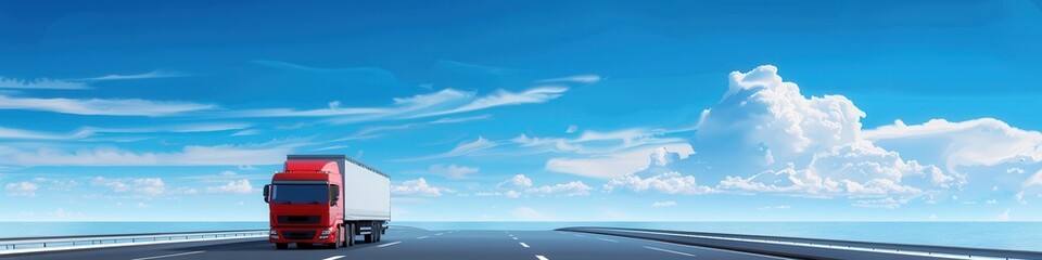 Poster - A red semi-truck drives on a highway with an open horizon. The sky is blue with white clouds. Generative AI