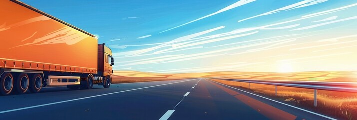 A semi-truck drives on a paved highway with an open horizon and blue sky with a golden sunset. Generative AI