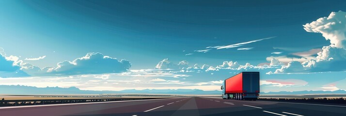 Poster - A large semi-truck drives down a straight highway on a sunny day. The sky is a vibrant blue with wispy white clouds. Generative AI