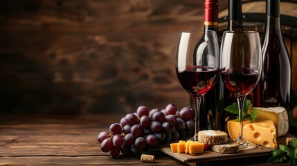 Poster - Two glasses of red wine, wine bottles, and a cheese plate are arranged on a wooden table. Grapes and a sprig of mint are present. Generative AI