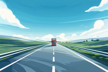 Poster - A red semi-truck drives down a straight, empty highway on a sunny day with a clear blue sky and white fluffy clouds. Generative AI