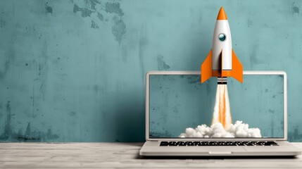 Successful Startup Rocket Launching from Laptop Flat Design