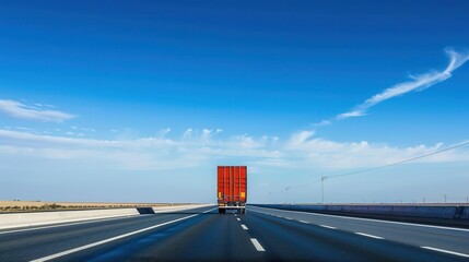 Poster - A semi-truck drives on a highway with a bright blue sky and white clouds. Generative AI