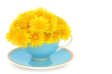 Sticker - Dandelion flower surreal arrangement in blue gold tea cup and saucer on white. Natural herbal medicine for gut health and immune system support. Anti inflammatory, antioxidant.