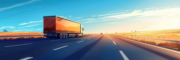 Poster - A semi-truck drives down a long, straight highway with a bright blue sky above and a clear horizon. Generative AI