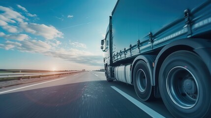 Poster - A semi-truck drives down a highway, with a wide open horizon and a blue sky overhead. Generative AI