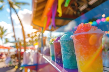 Colorful shave ice stand in Hawaii, tropical refreshment, with copy space