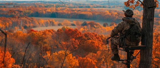 Bow hunter taking a break on a tree stand, overlooking a colorful fall landscape, blending hunting with peaceful rest, Woodland Watch