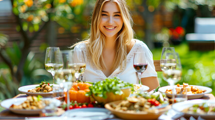 Happy young blonde woman celebrating Thanksgiving in a backyard, with a table full of delicious food and decorations.