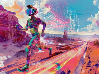 A creative digital artwork depicting a futuristic runner in a virtual reality landscape, with holographic markers indicating each mile and inch completed up to 6.2 miles, the vibrant colors and tech