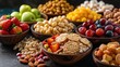 © Lamina - close-up of healthy snacks like nuts, fruits, or yogurt compared to an unhealthy array of sugary treats, chips, and processed snacks.